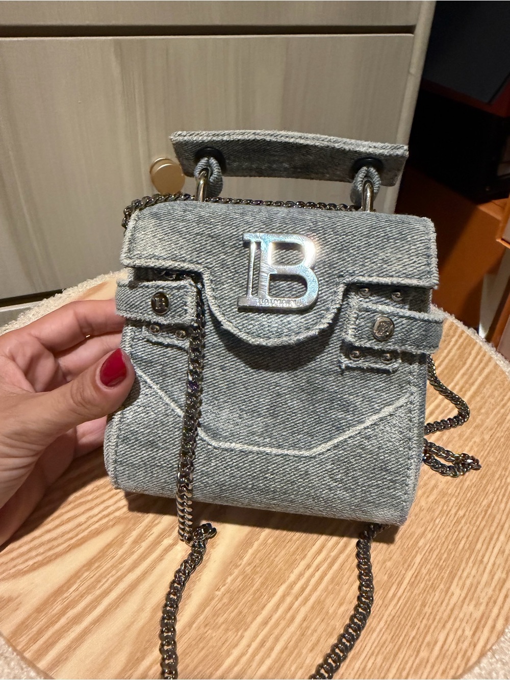 Balmain Denim Mini Crossbody Bag with Silver 'B' Accent
